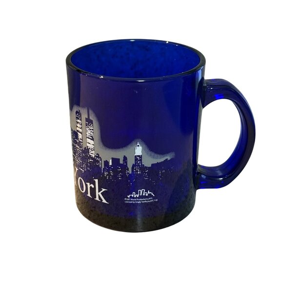 Vintage New York Skyline Cobalt Blue Glass Coffee Mug Cup Twin Towers Souvenir - Picture 2 of 7